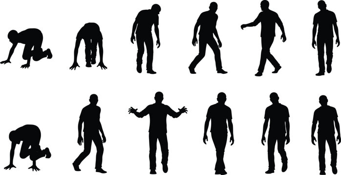 Zombie walking silhouettes collection, creepy undead men in different poses, black horror human figures isolated on white background, Halloween scary character concept set