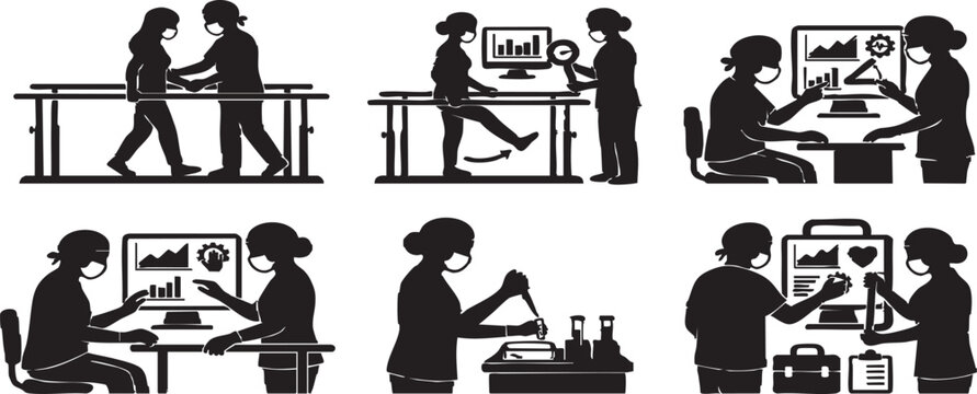 Physical therapy with parallel bars Vector silhouettes set featuring medical professionals assisting patients with gait training and rehabilitation exercises for mobility recovery