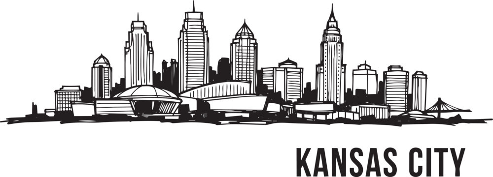 Kansas city skyline artistic line drawing showing kauffman center and downtown skyscrapers in hand drawn minimalist style