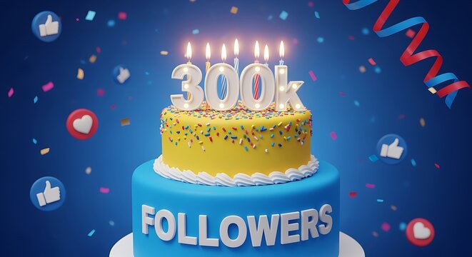Celebration cake with 300k followers and confetti on blue background  social media milestone  birthday party  sweet treat