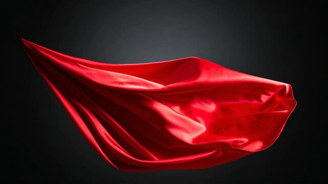Elegant red silk fabric flowing and floating in the air against a dark black studio background