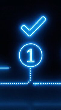 Futuristic blue glowing number one and a verified checkmark with a dotted line connecting elements of a progressive digital user interface video animation.