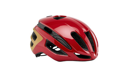 Fototapeta premium Isolated glossy red and gold modern aerodynamic cycling helmet for road bike safety