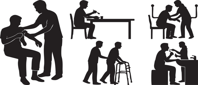 Vector Silhouette Occupational Therapist and Patient ADL Training Icons Set Daily Living Skills and Rehabilitation