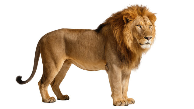 Isolated majestic adult male lion standing proud with a beautiful golden mane, side view