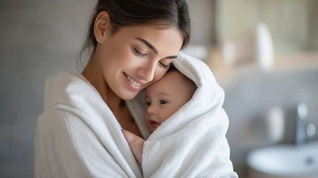 Mother holding a baby in a bathroom, tender family moment, authentic everyday domestic life, nurturing lifestyle, defocused background, with copy space