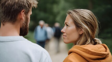 Fototapeta premium A couple in a forest path deeply engaged in conversation with a sense of connection and calm amidst nature s greenery
