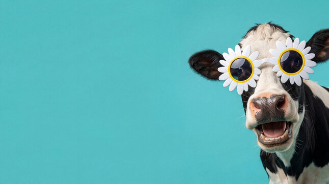 Funny cow wearing daisy-shaped sunglasses smiling on turquoise background with copy space