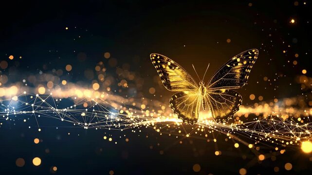 Golden glowing butterfly flying over abstract digital network connection with bokeh lights on black background