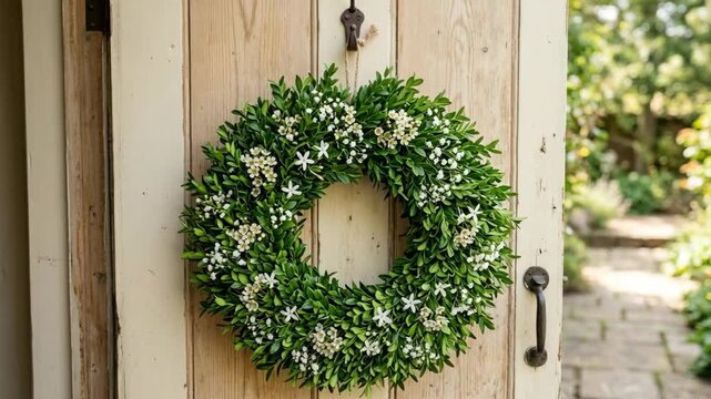Fresh green boxwood wreath with small white flowers hanging on a rustic wooden door of a charming cottage garden home
