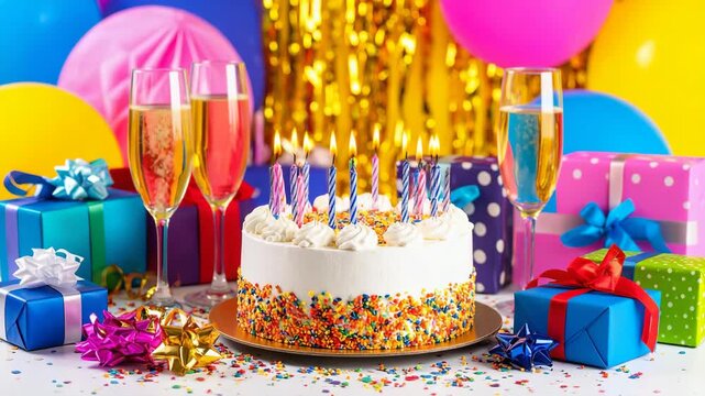 Colorful birthday cake with lit candles surrounded by champagne flutes and gift boxes at a festive party celebration
