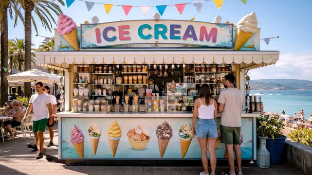 Beach ice cream stand with colorful menu and tourists enjoying summer treats by the seaside
