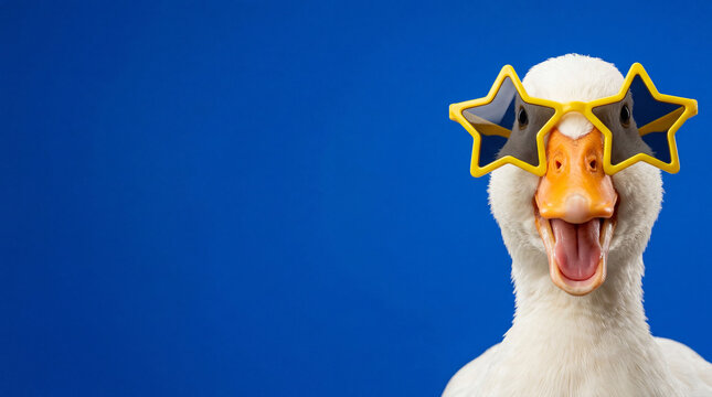 White goose wearing yellow star-shaped sunglasses on blue background with copy space