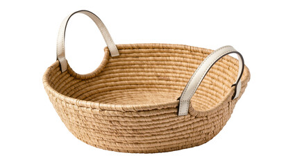 Obraz premium Isolated rustic woven straw basket with two cream-colored handles, ideal for storage and display