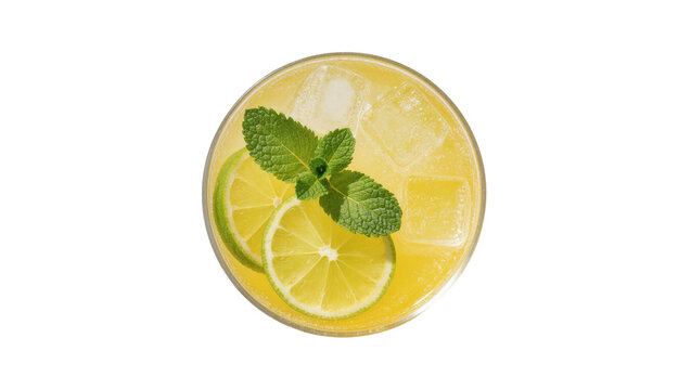 Isolated refreshing lemonade drink with fresh lime slices, mint, and ice cubes in a glass, top view