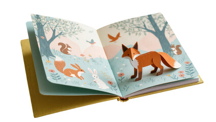 Isolated children's pop-up book with cute forest animals and a dimensional fox