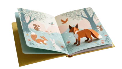 Fototapete Zauberwald Isolated children's pop-up book with cute forest animals and a dimensional fox  © Joao