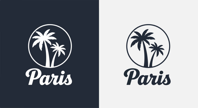 Two variations of a Paris logo with palm trees in a circle on dark and light backgrounds.