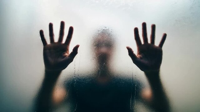 Silhouette of person pressing hands against frosted glass capturing isolation anxiety and psychological tension in minimal conceptual scene with diffused light 