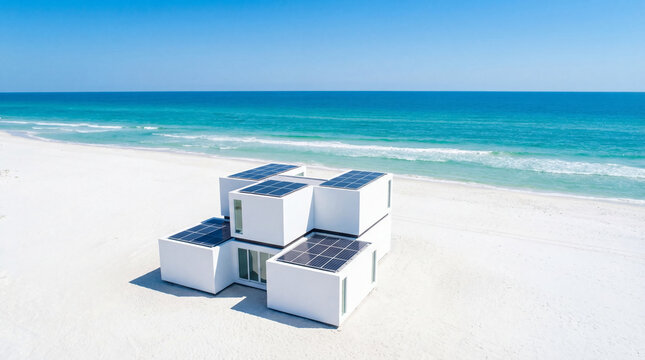 Modular coastal villa modern white cubes with solar panels sit on a pristine beach under a clear blue sky