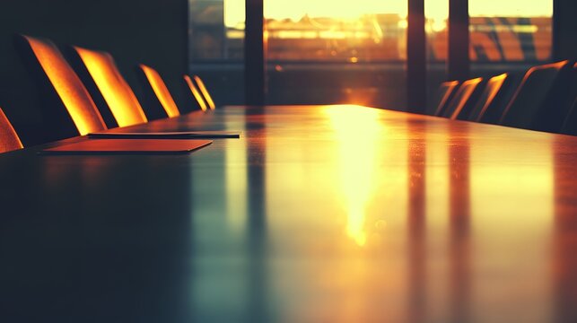 Strong, warm sunlight reflects intensely across the glossy surface of an empty boardroom table.