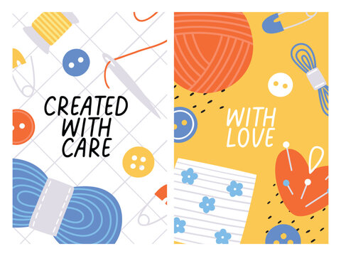 Cute sewing themed handmade labels with thread, buttons and yarn for craft packaging and handmade products, created with care DIY concept, colorful flat vector illustration
