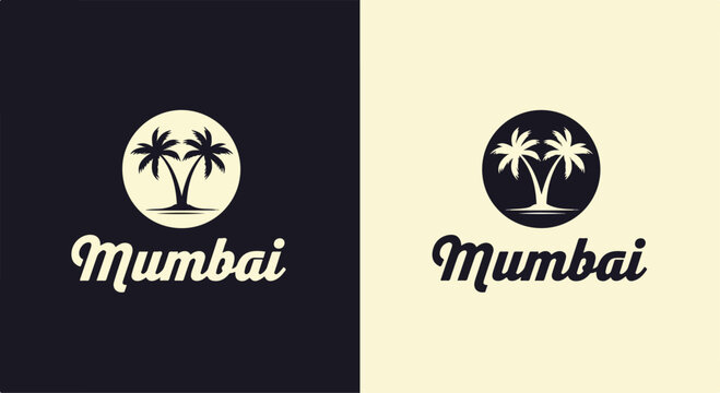 Collage of two Mumbai logos with palm trees on black and beige backgrounds