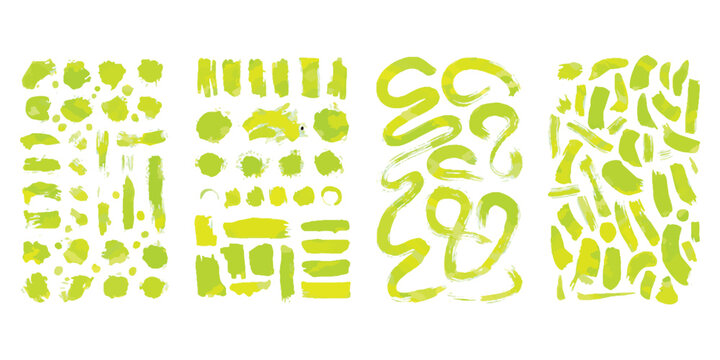 Set of lime green neon paint brush strokes and watercolor textures for modern vibrant background vector illustration