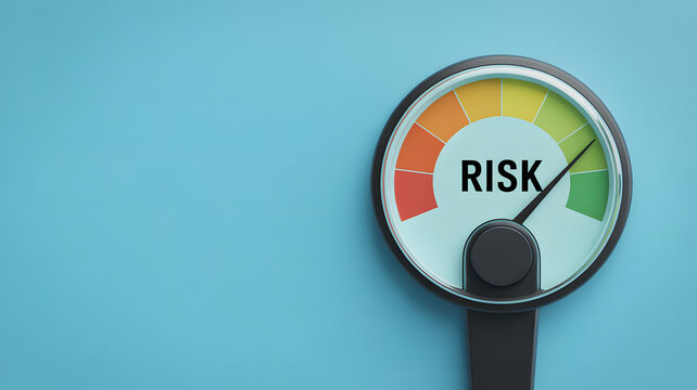 Conceptual illustration of a round risk meter gauge indicating a very low level of risk with its needle pointing firmly in the safe green zone against a solid blue backdrop
