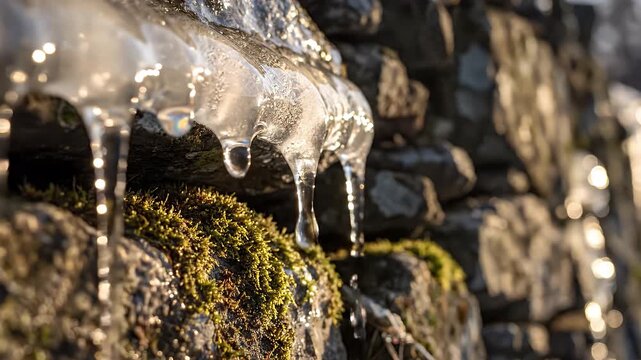 Morning sunlight gently thaws intricate ice on ancient mossy dry-stone wall with volumetric light