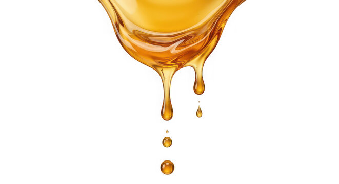Golden honey splash with dripping liquid drops on transparent background for organic food product design