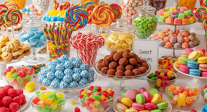 Assorted colorful candy and sweet treats displayed in a fresh market stall alongside organic fruits and produce in a vibrant grocery shop