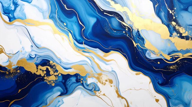 Abstract blue and gold fluid art background with swirling marble patterns and metallic accents