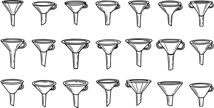 Black and White Line Art Funnels Collection, Scientific Laboratory Equipment Vector Set
