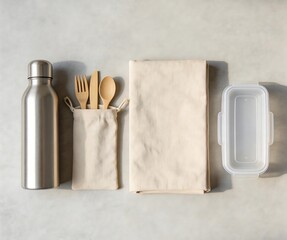 Top View of Zero Waste Travel Set with Reusable Metal Bottle and Bamboo Utensils