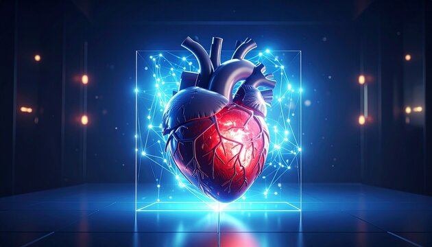 "Human heart encased in glowing cube&mdash;an evocative portrayal of biology, technology, and the harmonious union of vitality, innovation, and digital transformation."