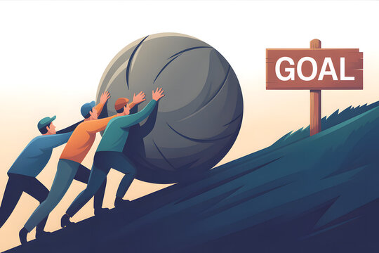 Three determined men working together to push a massive heavy stone boulder up a steep challenging green hill towards a goal signpost under a soft clear sky demonstrating teamwork 