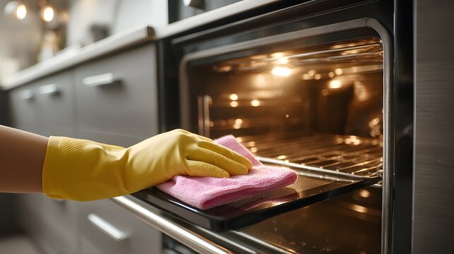 Hand cleans oven interior with pink cloth