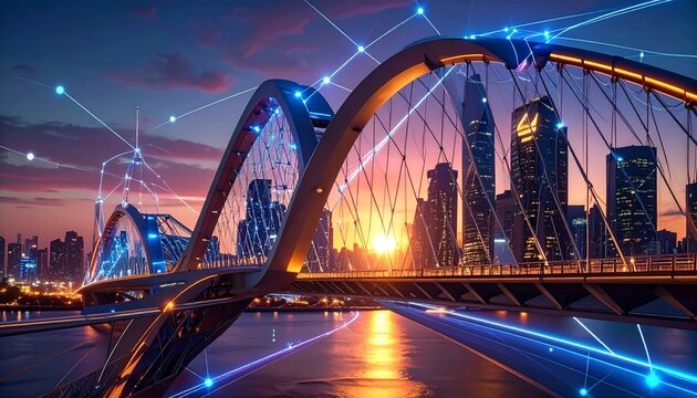"Modern city with illuminated bridge and digital lines&mdash;an evocative portrayal of connectivity, progress, and the harmonious union of technology, architecture, and transformation."