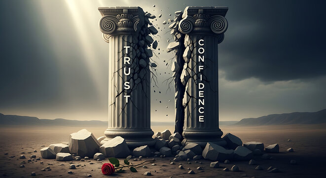 Dramatic conceptual representation of trust failure and a broken professional relationship where confidence collapse signifies corporate betrayal and partnership disappointment between colleagues.