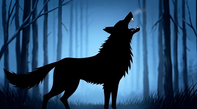 A wolf howling in the forest at night with trees