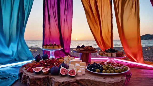 A serene beachside setup with colorful fabrics, a tree stump table laden with fruits