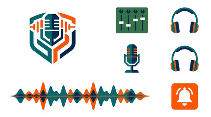 Fototapeta premium Digital audio production and podcast brand identity vector icons: microphones, sound waves, headphones, mixer, bell.