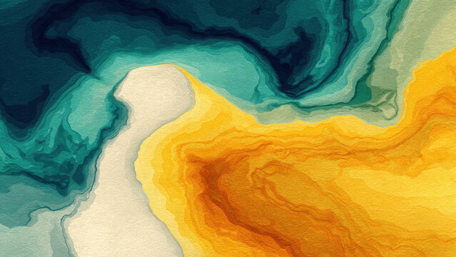 Abstract art with layered textures in teal, blue, yellow, and white, creating a fluid, topographical map-like visual.
