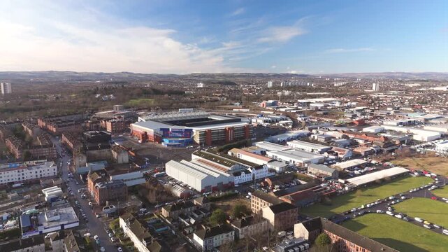 Glasgow Scotland westend near the Ibrox Stadium football club ground. Drone footage