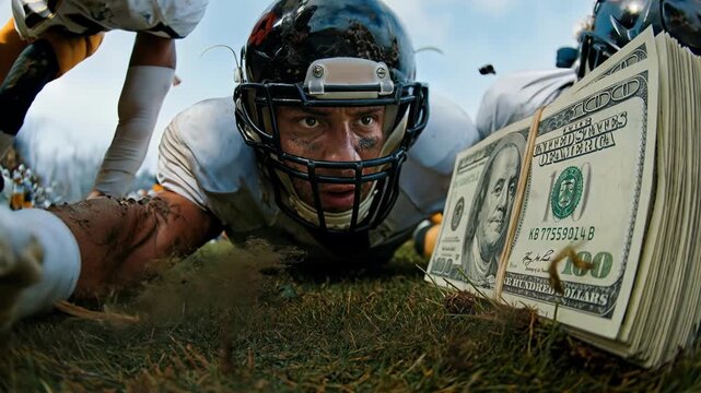 American football player diving for ball with cash on field capturing competition risk reward and high stakes sports concept in dynamic action perspective with 