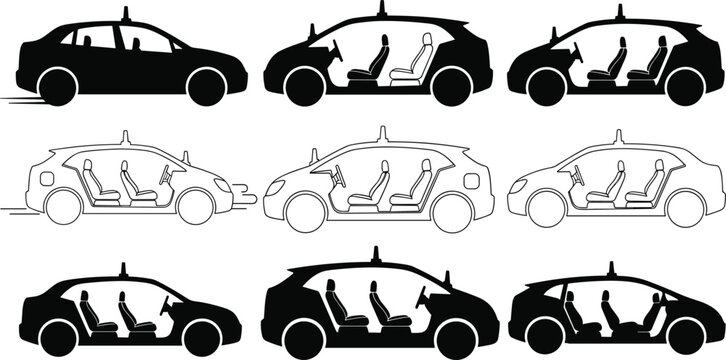 Car Sharing and Ride Service Silhouette Set with Passengers Inside Vehicles, Urban Transport, Taxi and Mobility Concept Illustration