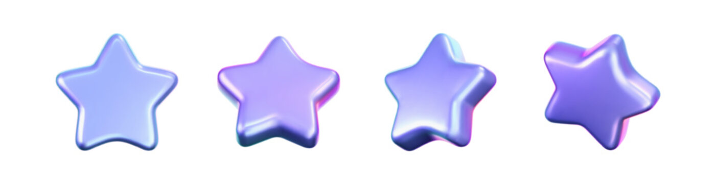 3D holographic star icons isolated on a white background. Realistic chrome neon stars emoji for quality review, reward badge sticker, luxury gift trophy or customer feedback. 3d y2k vector