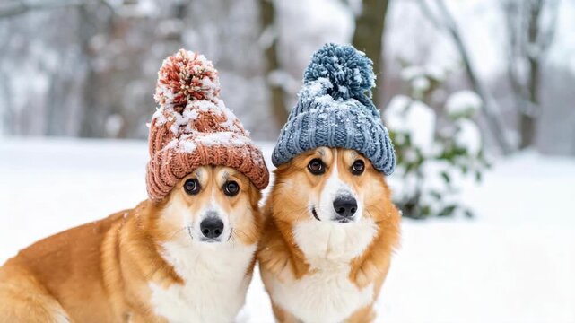 Two adorable corgi dogs wearing colorful knitted hats with pom-poms sitting in a snowy winter forest