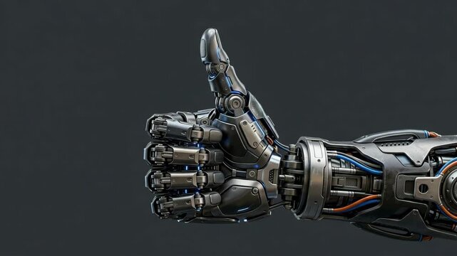 Detailed futuristic mechanical robotic hand giving a positive thumbs up gesture on a dark background